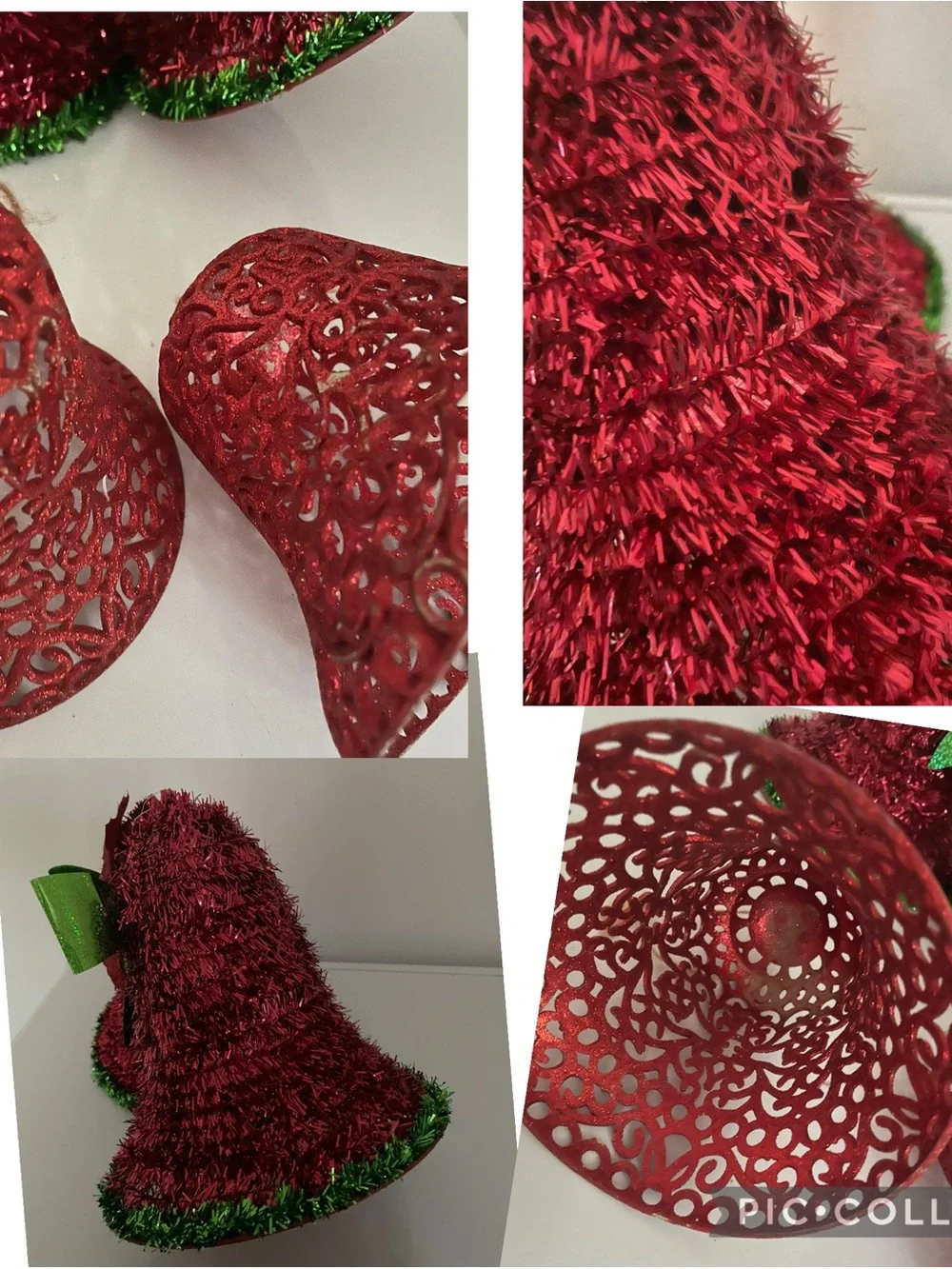 Lot off Wall Hanging Red Glitter Bells 1 Green Bow Poinsettia + 2 Red Glitter